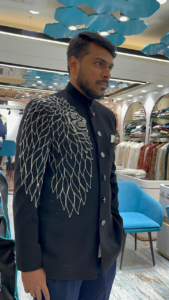 Black Designer Embroidered Sherwani – front view