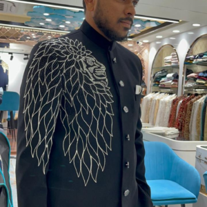 Black Designer Embroidered Sherwani – front view
