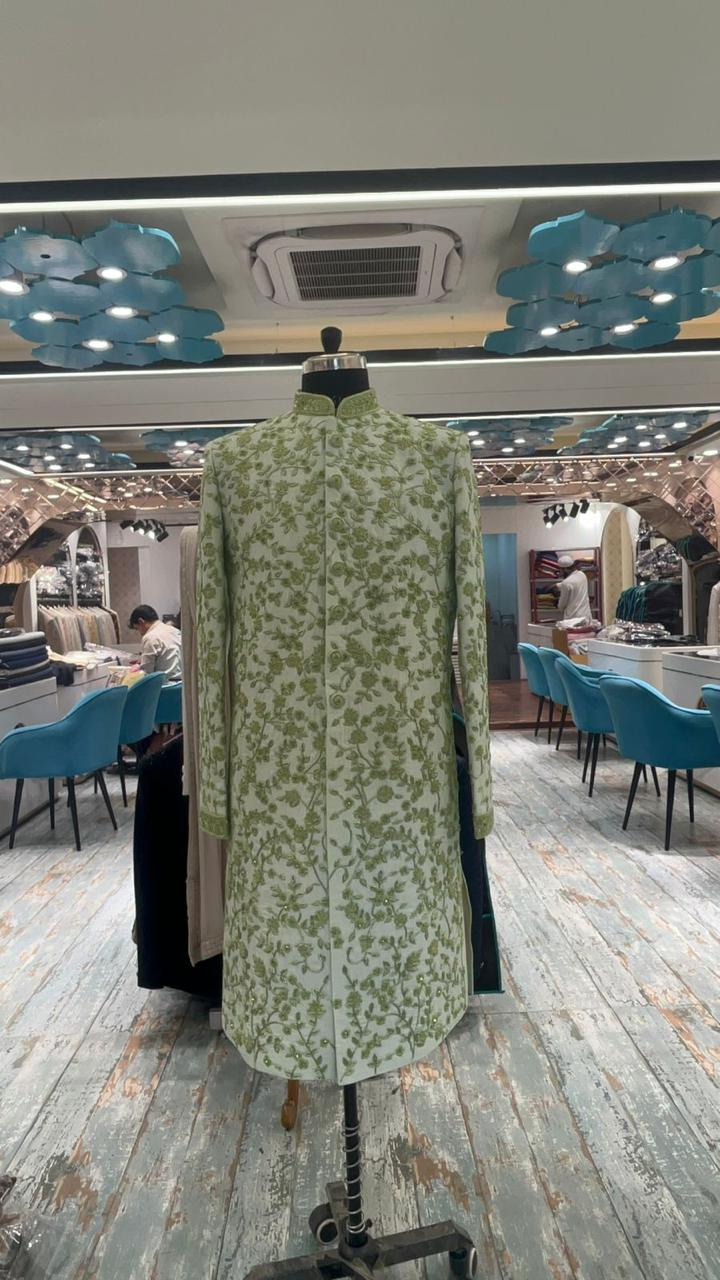 Olive Green Embroidered Sherwani